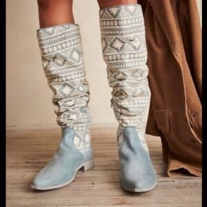 NEW Free People Bren Blue and Gray Crochet Slouch Boots
